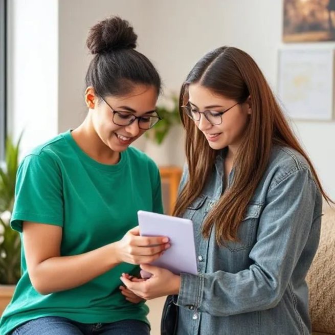 Two women looking at a tablet together and smiling