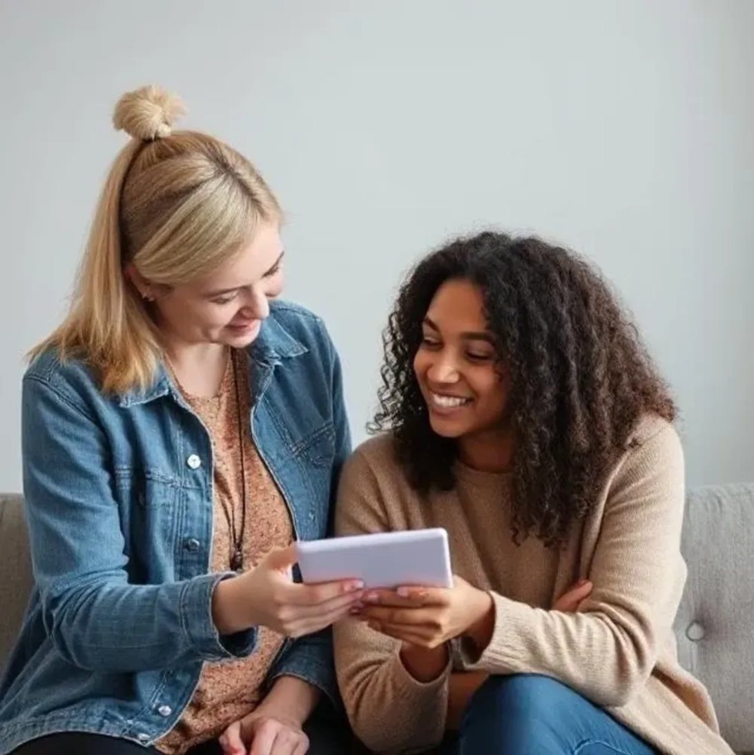 A support worker and a young woman smiling together over a tablet