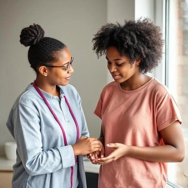 A support worker talking warmly with a young woman